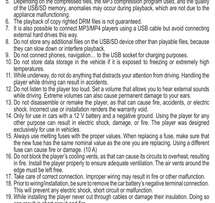 Safety guidelines for operating and installing the car radio