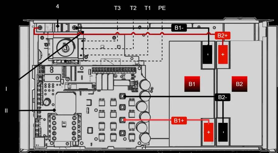 Wiring diagram for mains and battery connections