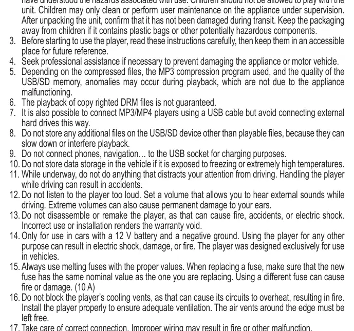 Safety guidelines for operating and installing the car radio