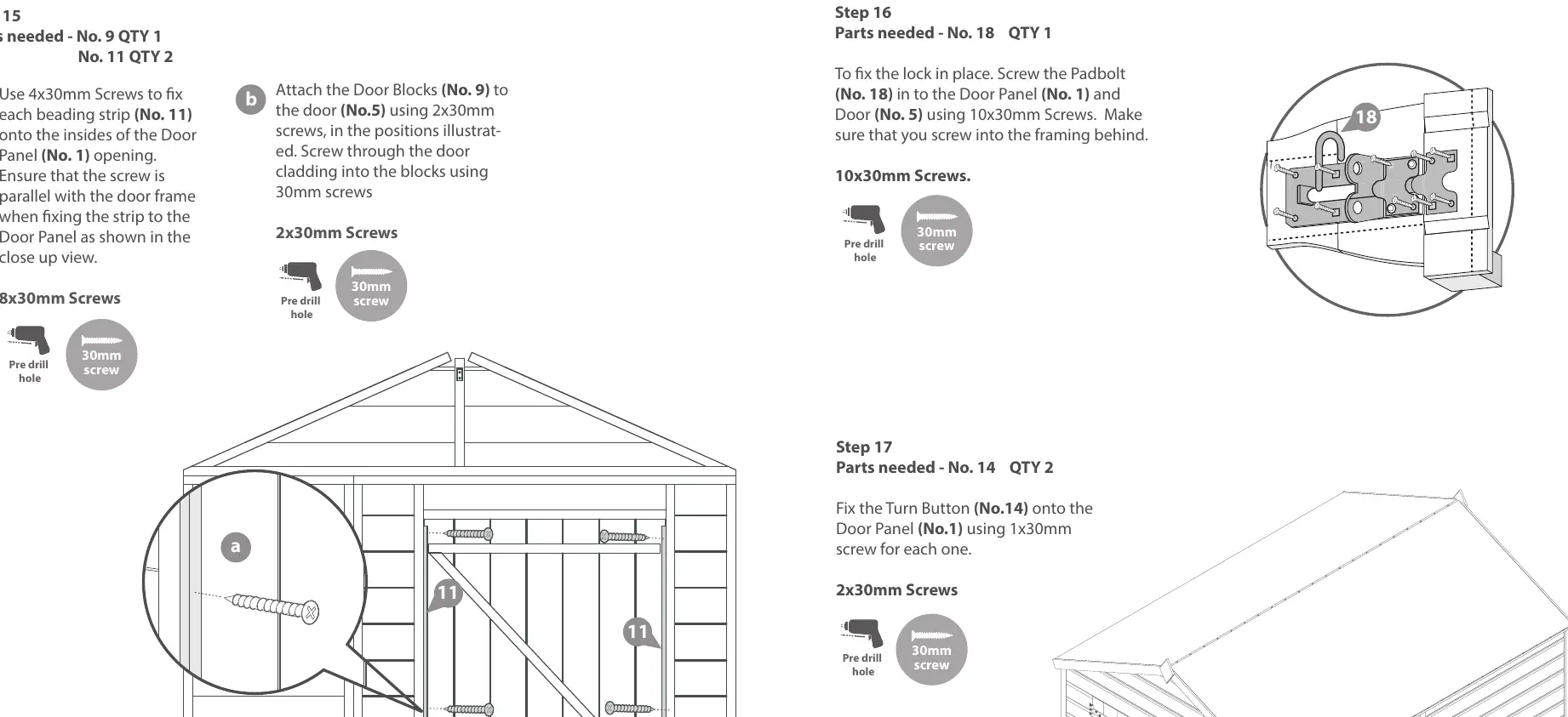 Installation steps for attaching door beading strips, the padbolt lock, and turn buttons to the shed door.