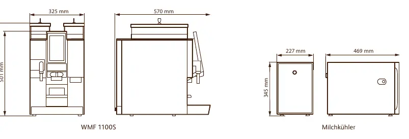 Technical dimensions of the WMF 1100S and milk cooler