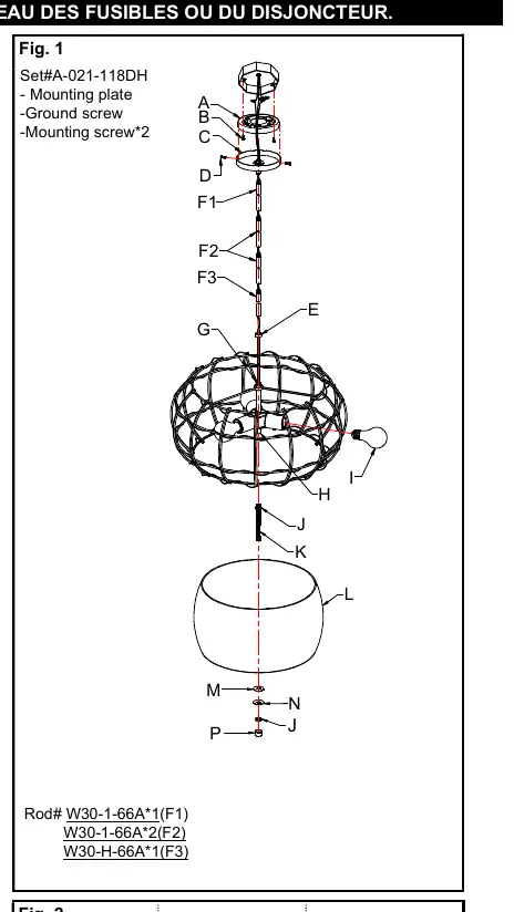 Assembly diagram showing the order of rods, canopy, and glass shade installation.