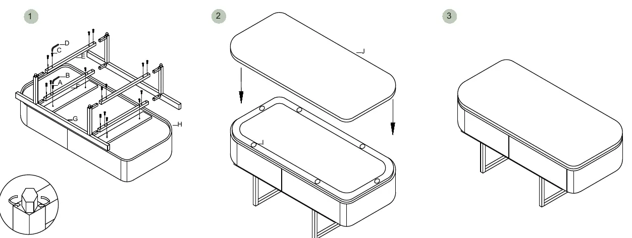 Step-by-step assembly sequence for the GATSBY coffee table.