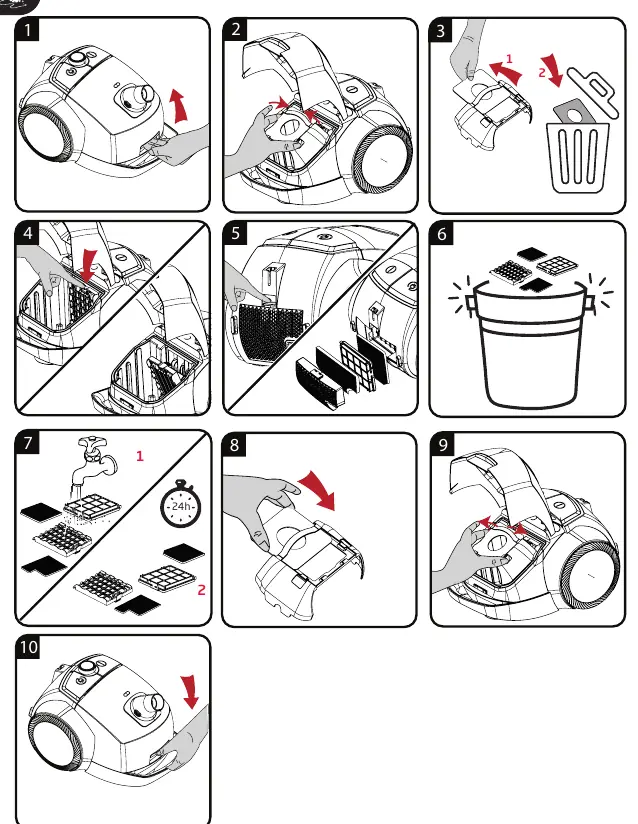 Filter and dust bag maintenance steps