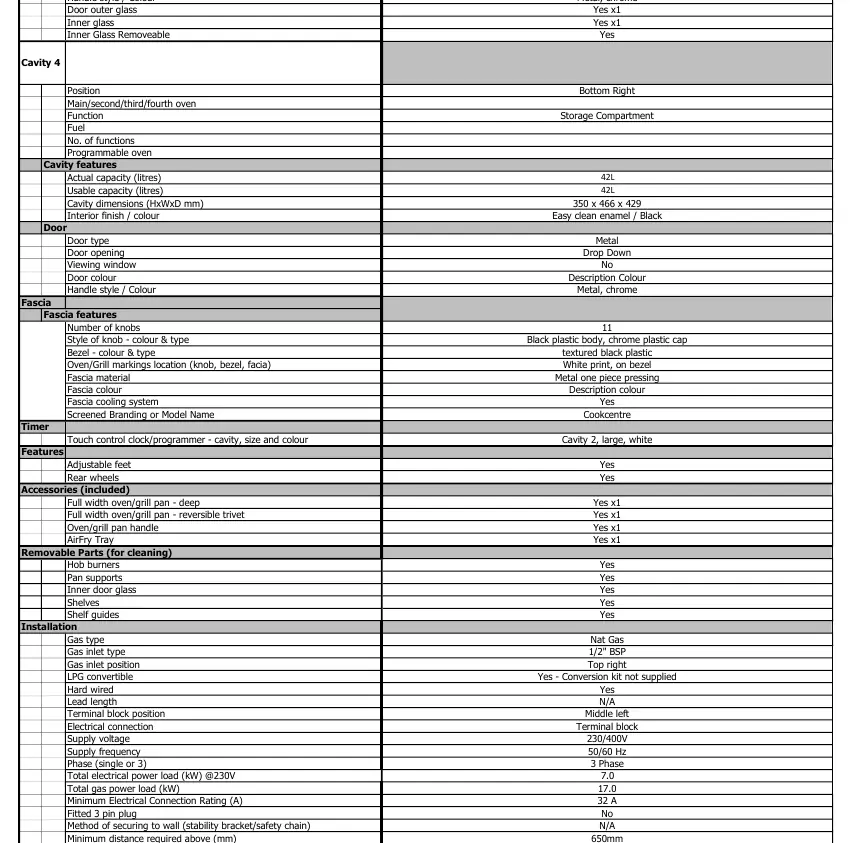 Technical specifications table for the Belling 110DF range cooker