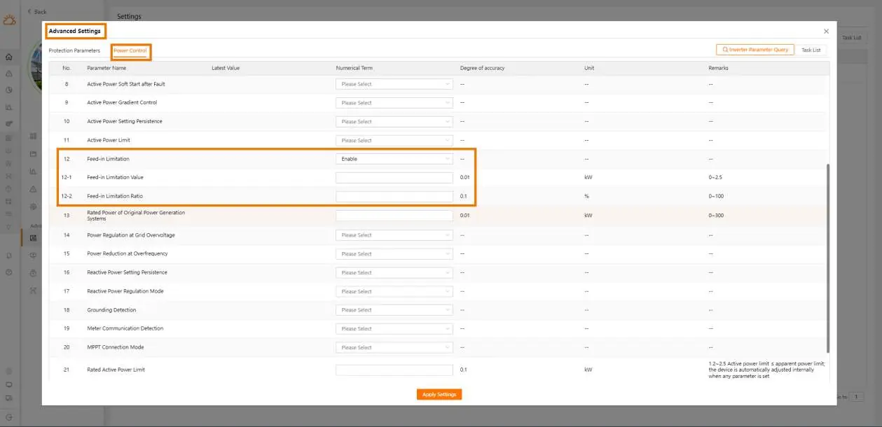 Advanced settings interface for configuring feed-in limitation parameters.