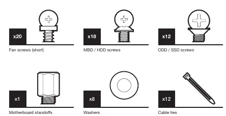Accessory kit contents including screws, standoffs, and cable ties.