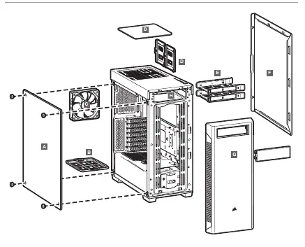 Exploded view of the case features.