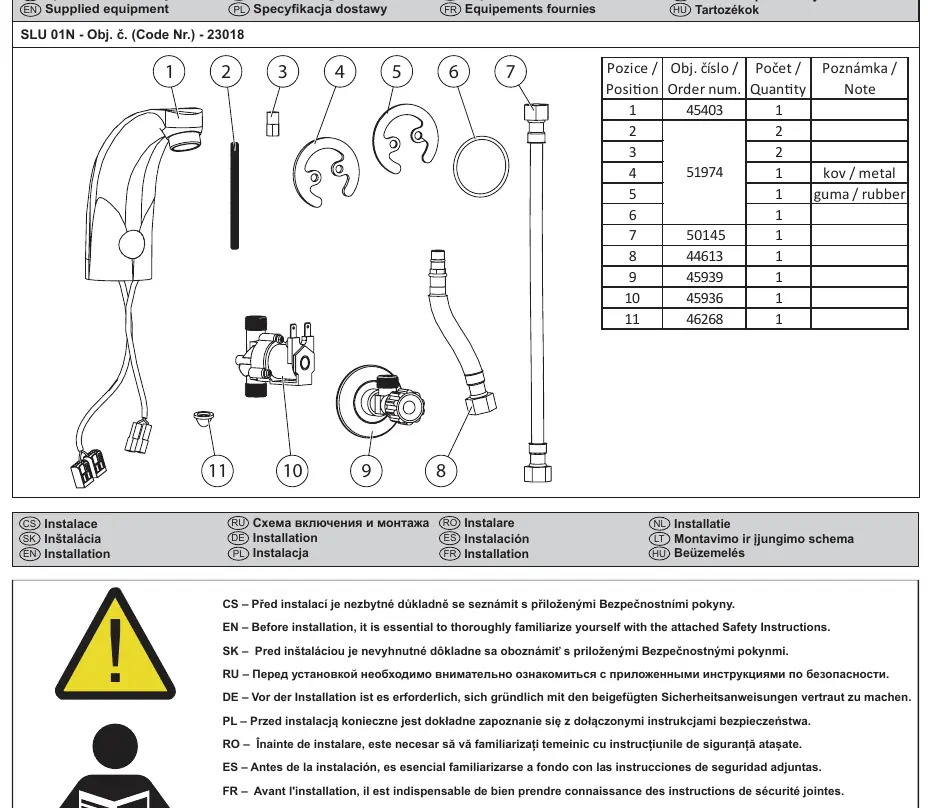 Exploded view and parts list for the SLU 01N faucet.