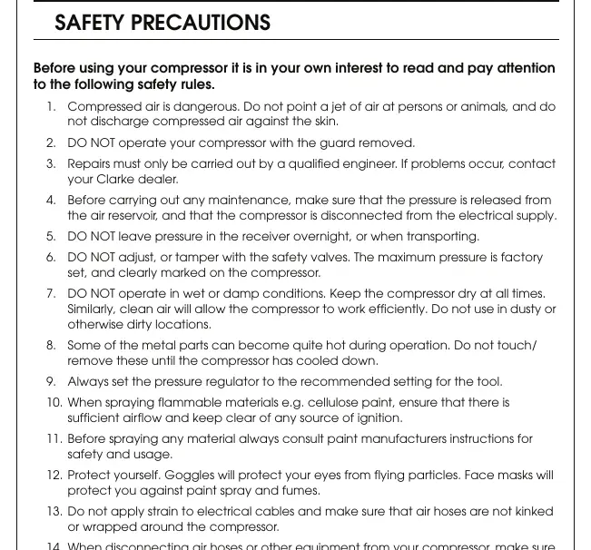 List of essential safety precautions for operating the air compressor
