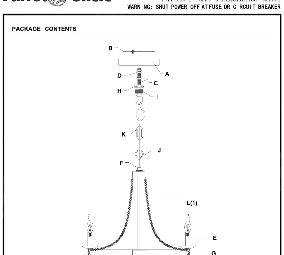 Exploded view of the chandelier components including the canopy, mounting hardware, chain, and light fixture body.