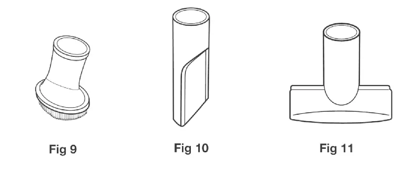Standard attachments included with the vacuum