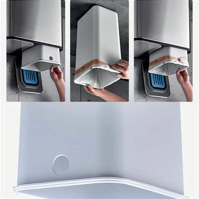 Steps for installing waste bags into the inner buckets.