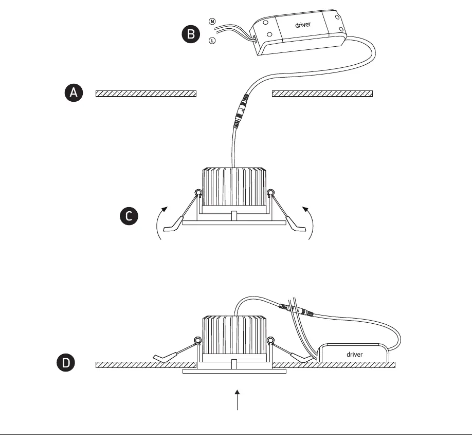 Installation sequence diagram showing steps A through D.