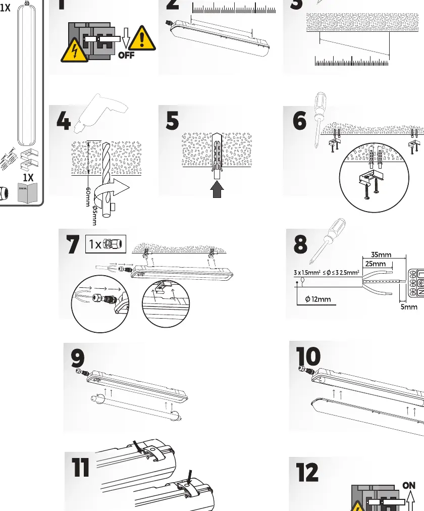 Installation steps 1-12 for the LED luminaire