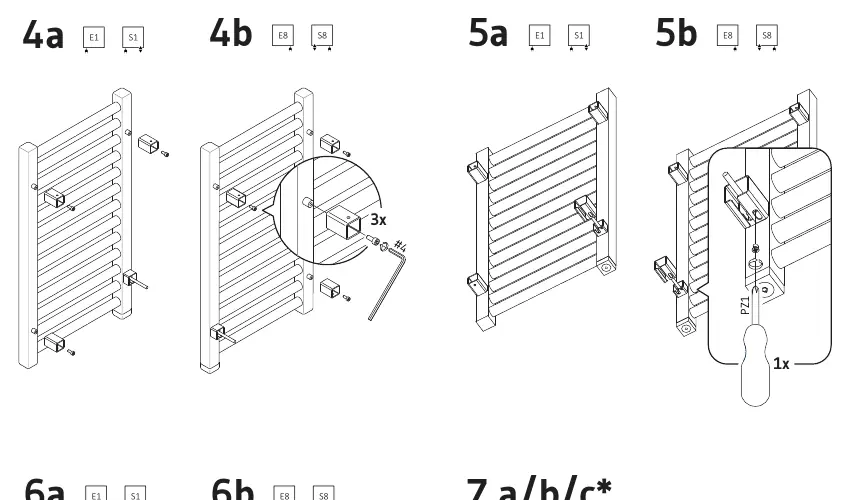 Radiator mounting and final adjustment steps (4a-7c)