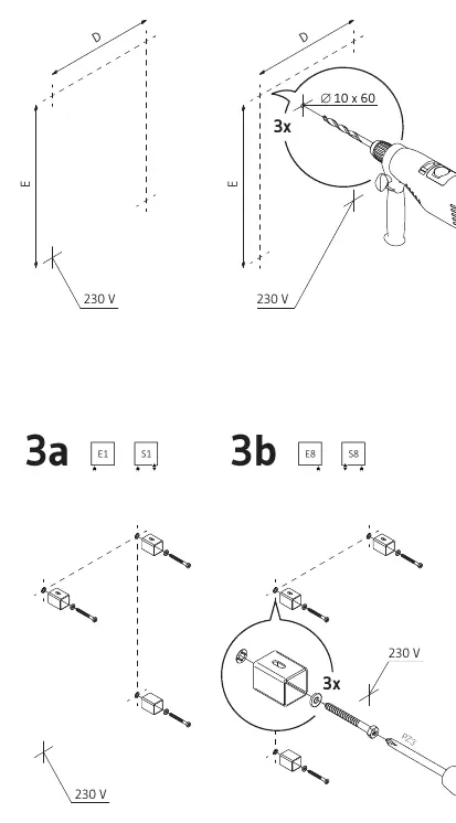 Wall preparation and bracket base installation steps (1a-3b)