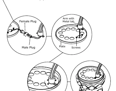 Arm installation detail showing plug connection and metal tab locking mechanism.