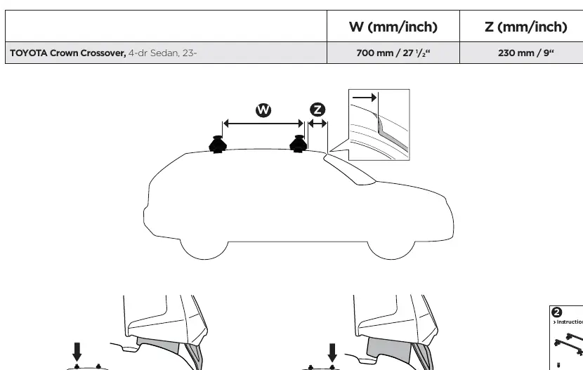 Positioning measurements for the roof rack on the vehicle.