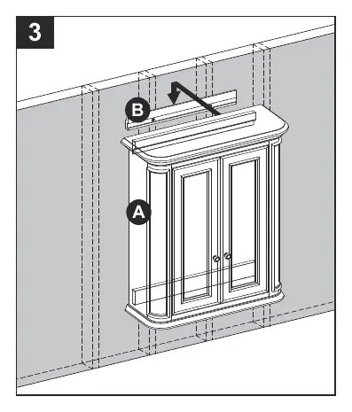 Hanging the Cabinet (A) onto the Wall Bracket (B).