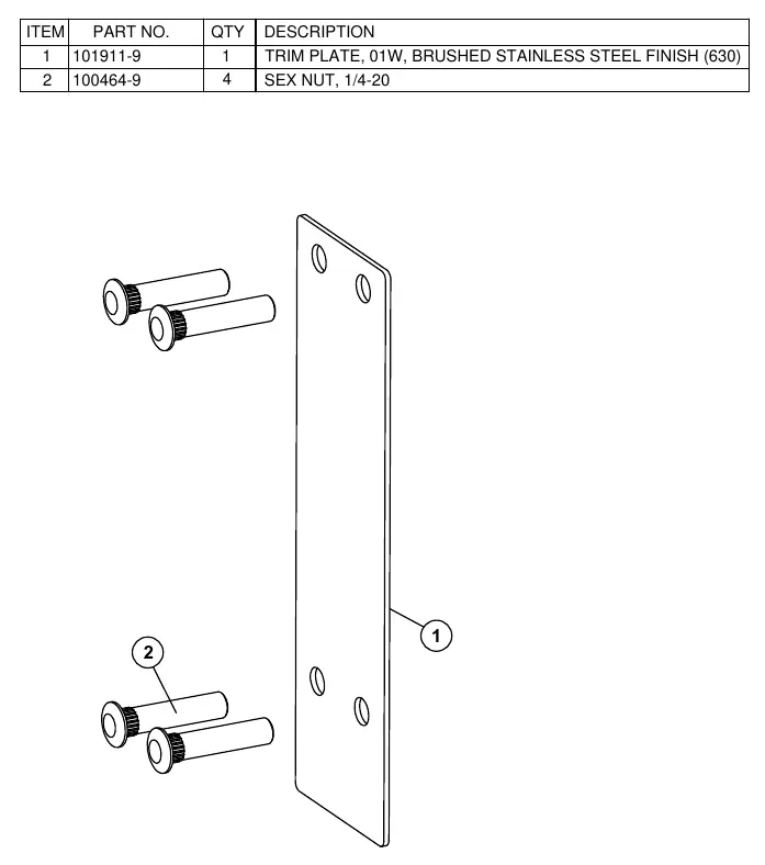 Parts breakdown of the 01W Trim Plate and sex nuts.