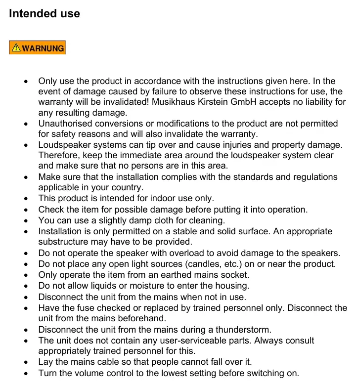 Safety guidelines and operational precautions for the active loudspeaker system