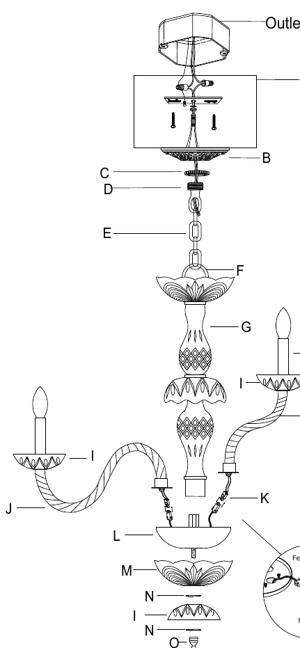 Exploded view of the chandelier parts and assembly order