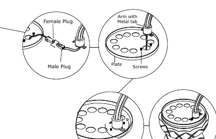 Detail of arm installation showing plug connection and metal tab locking mechanism.