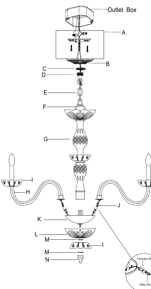 Exploded view of the chandelier assembly.