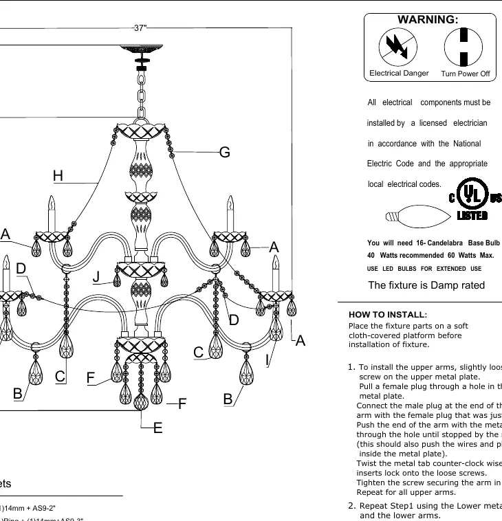 Chandelier assembly diagram showing arm placement and crystal sets