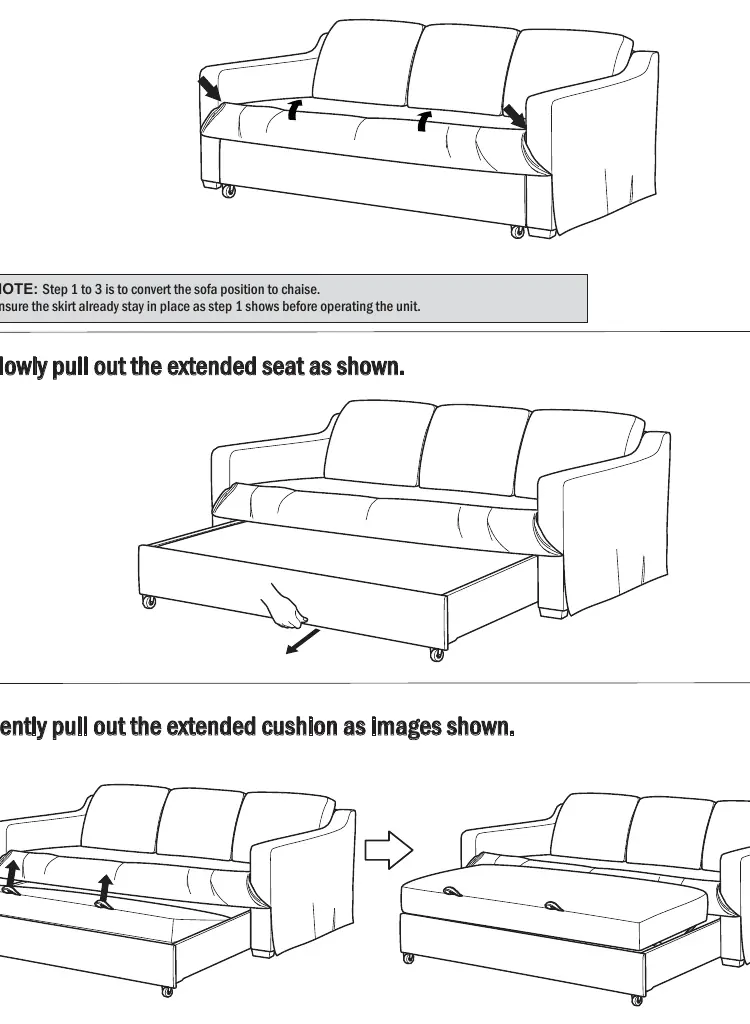 Steps to convert the sofa into a chaise.