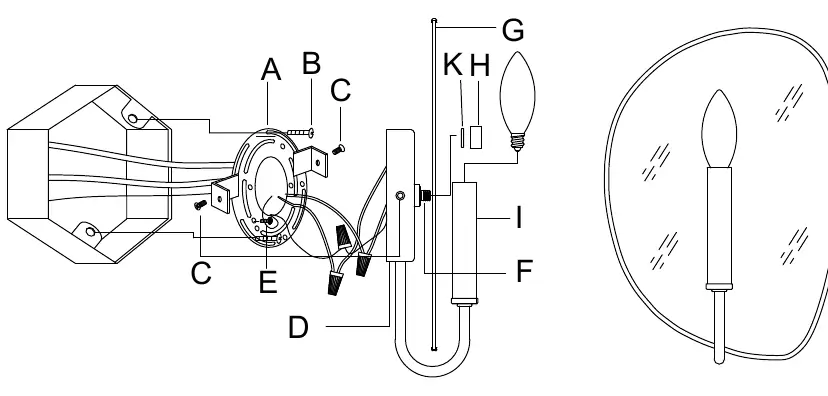 Assembly diagram showing the mounting bracket, backplate, and mirror installation.