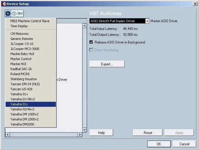 Device Setup window for adding the Yamaha 01X