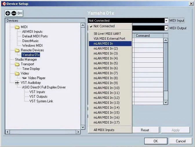 Selecting Yamaha 01X in Device Setup