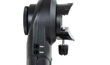 Locate the auxiliary ports and locking knob on the telescope mount.