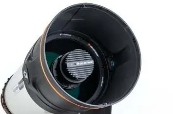 View of the telescope's front aperture and internal components.