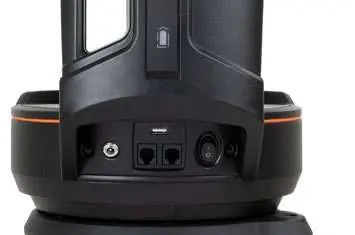 Identify the power input, data ports, and power switch on the base.