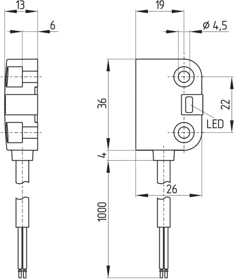 Dimensions of the safety sensor with cable