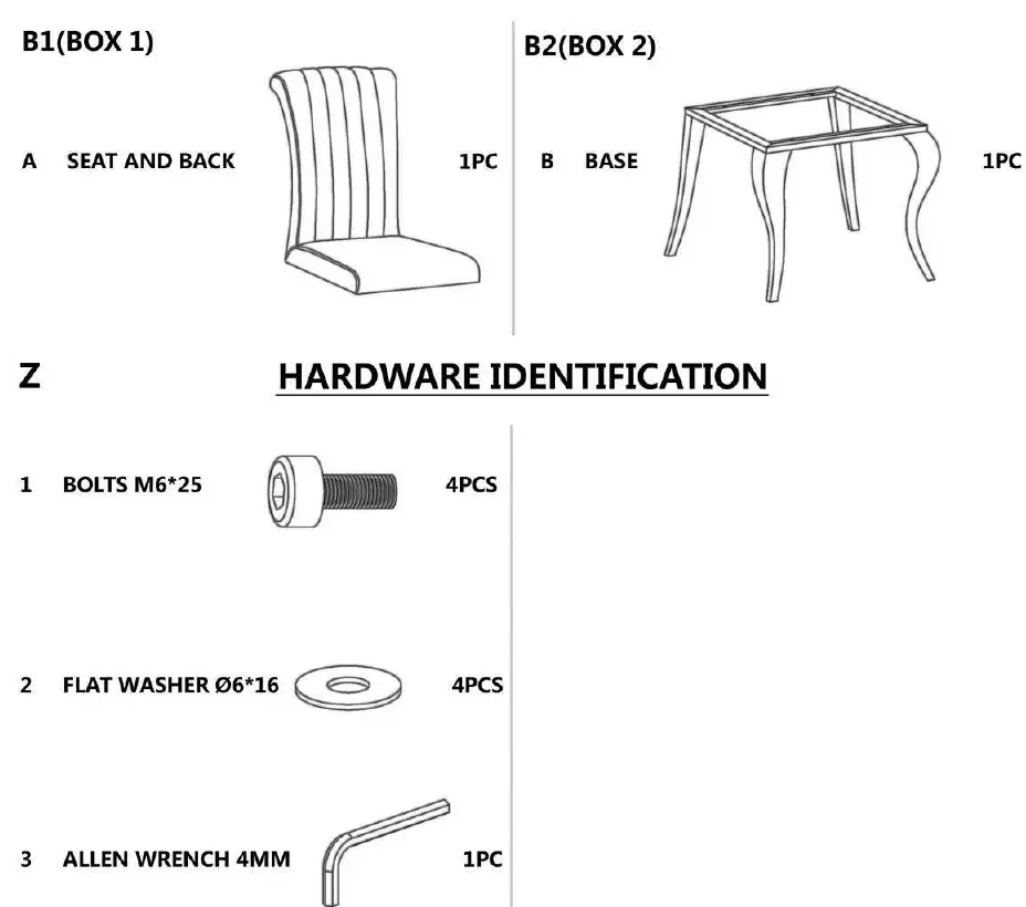 Parts and hardware identification for the side chair.