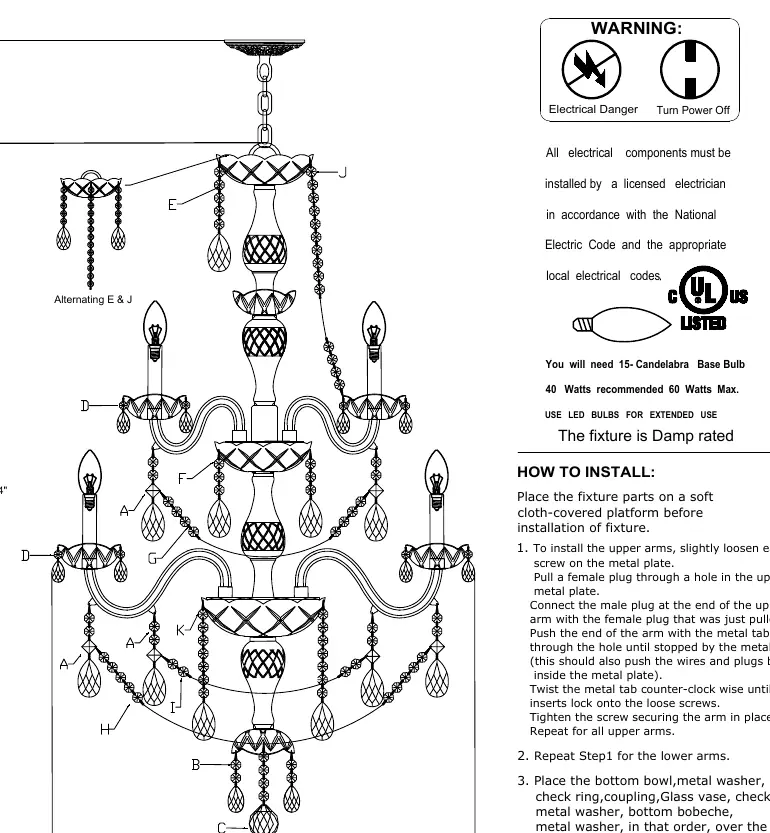 Assembly diagram showing the chandelier structure and crystal placement locations.