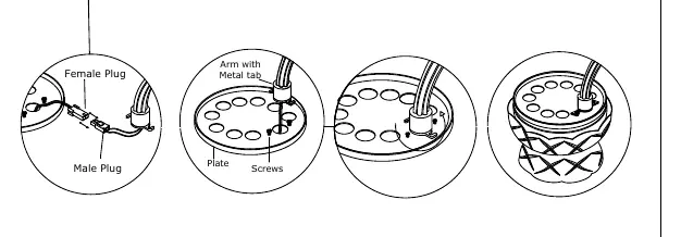 Detailed view of the arm-to-plate wiring and locking mechanism.