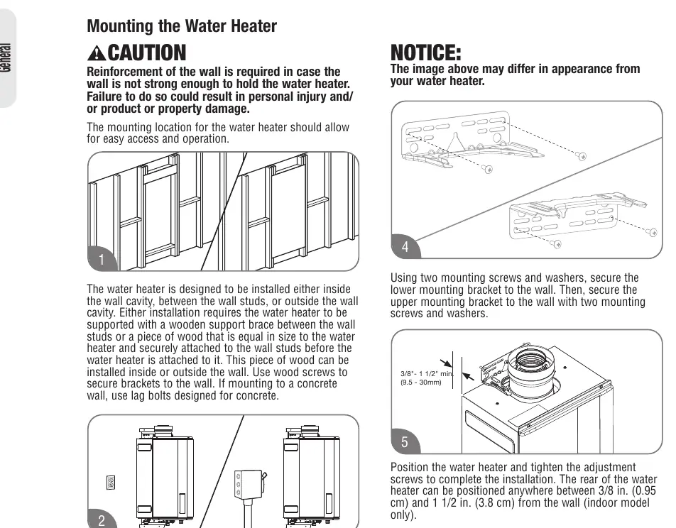 Steps for mounting the water heater, including wall reinforcement, bracket installation, and final positioning.