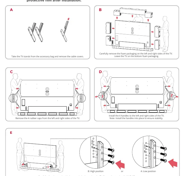 TV stand installation steps showing high and low positions.