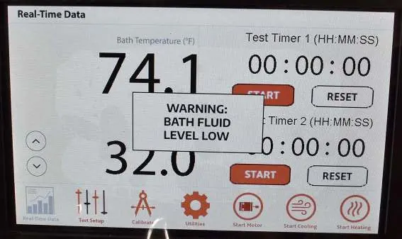 Check for the 'Bath Fluid Level Low' warning.