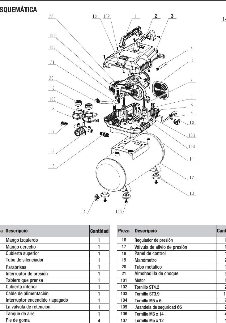 Exploded view diagram of the Husky 4-Gallon Air Compressor.