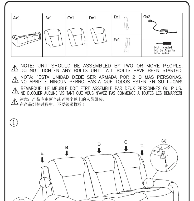 Inventory of sofa components and initial assembly step for attaching backrests to the sofa base.