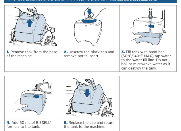 Steps to remove, fill, and replace the clean water tank.