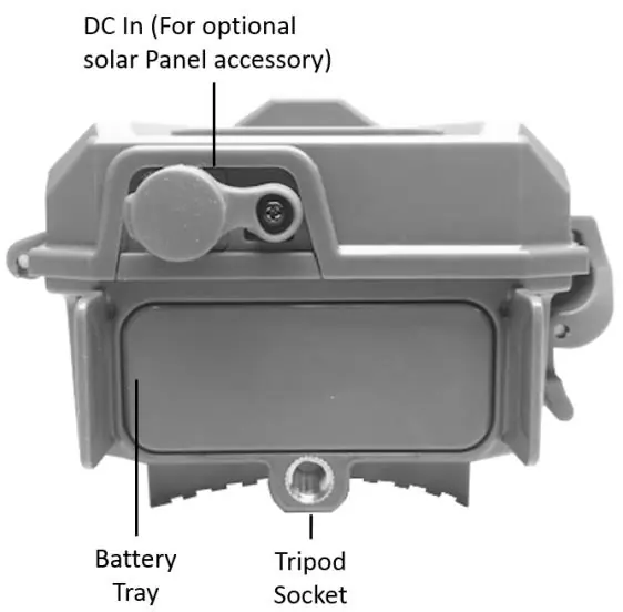 Locate the battery tray, tripod socket, and DC input port on the bottom of the camera.