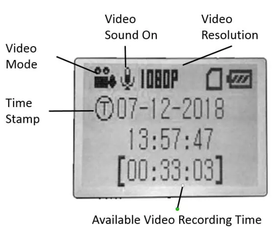 Review the LCD screen indicators for video mode, including resolution, sound status, and available recording time.