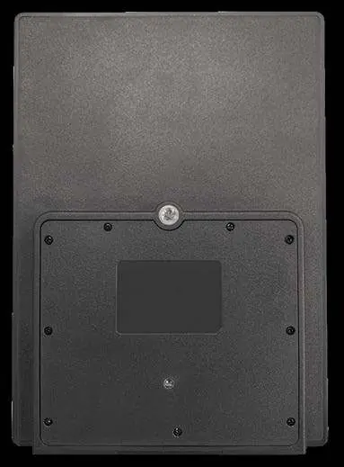 Rear view of the solar panel showing mounting socket and charge indicator.